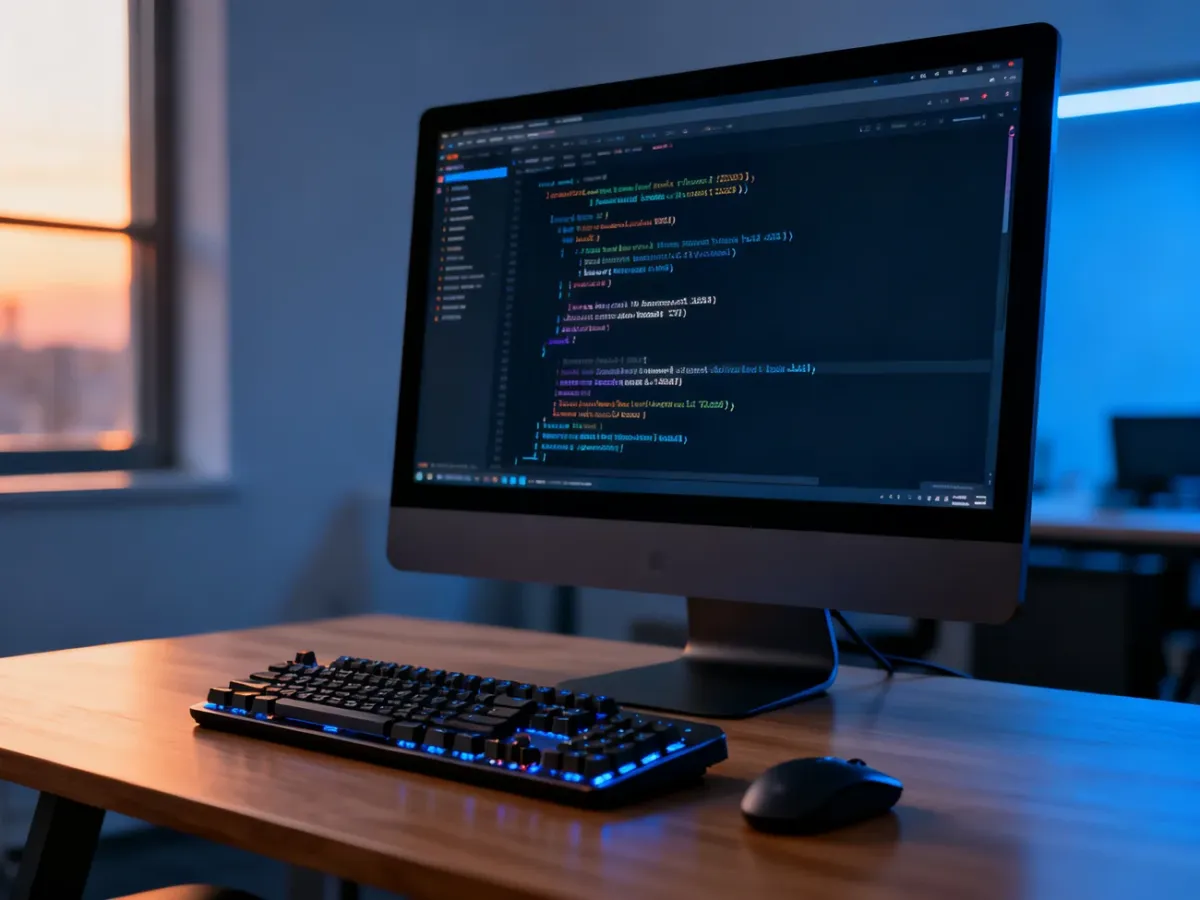 Nowoczesne stanowisko pracy z monitorem wyświetlającym interfejs terminala, klawiaturą mechaniczną i myszką na drewnianym biurku.