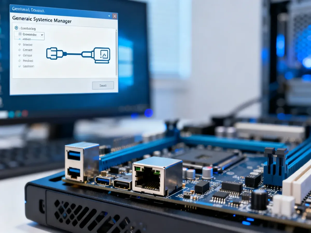 Zbliżenie na port Ethernet na płycie głównej komputera w tle z otwartym menedżerem urządzeń systemu Windows.