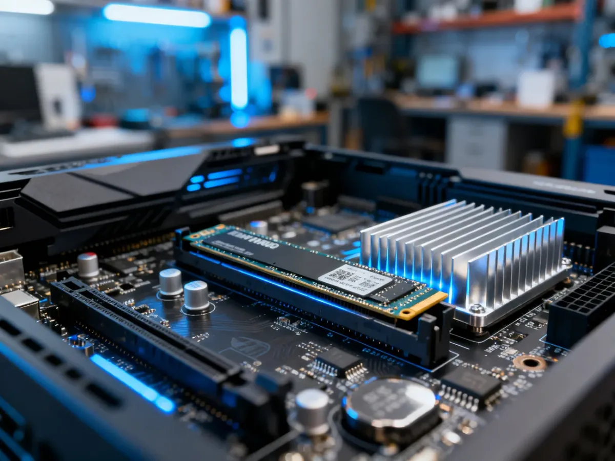 Zbliżenie na gniazdo NVMe i radiatory nowoczesnej płyty głównej komputera, podkreślające zaawansowaną technologię pamięci.