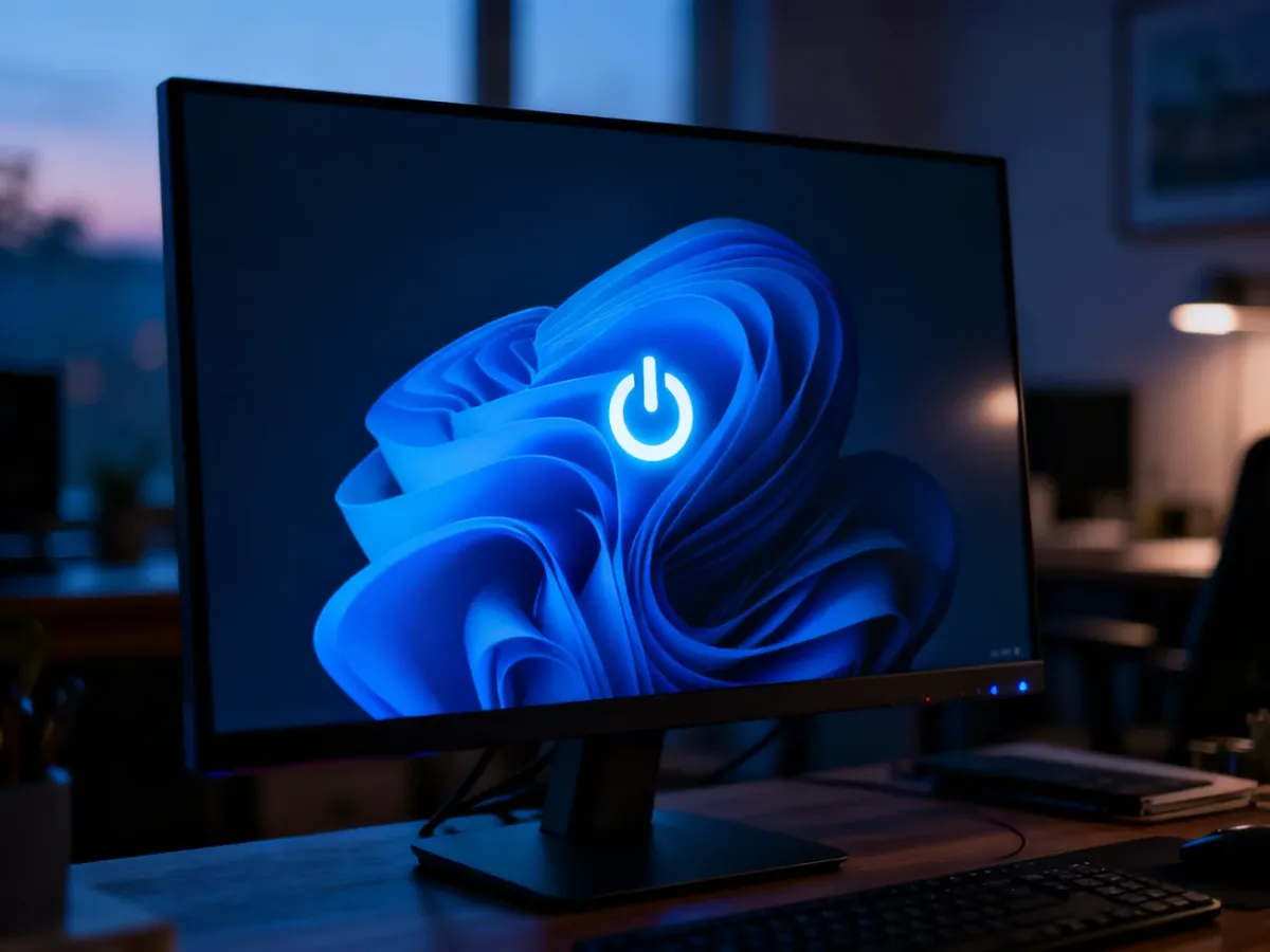 Monitor wyświetlający ikonę zasilania na zablokowanym pulpicie systemu Windows 11 w przyciemnionym biurze.
