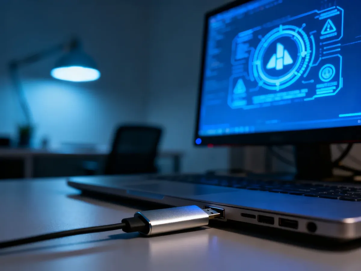 Ekran odzyskiwania systemu Windows na monitorze oraz pendrive wpięty do laptopa, gotowy do naprawy awarii komputera.