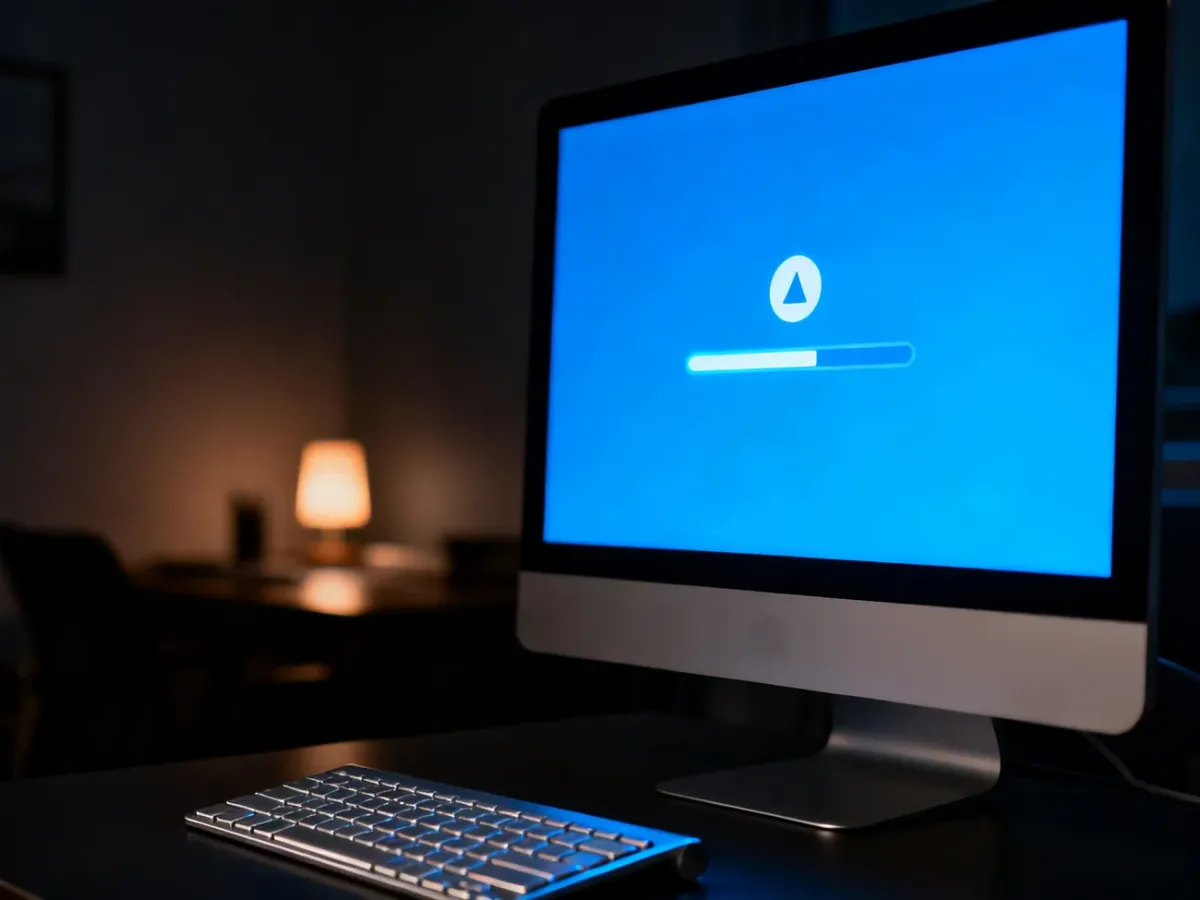 Monitor komputera z niebieskim ekranem ładowania w ciemnym biurze, ilustrujący problem z uruchomieniem systemu Windows.