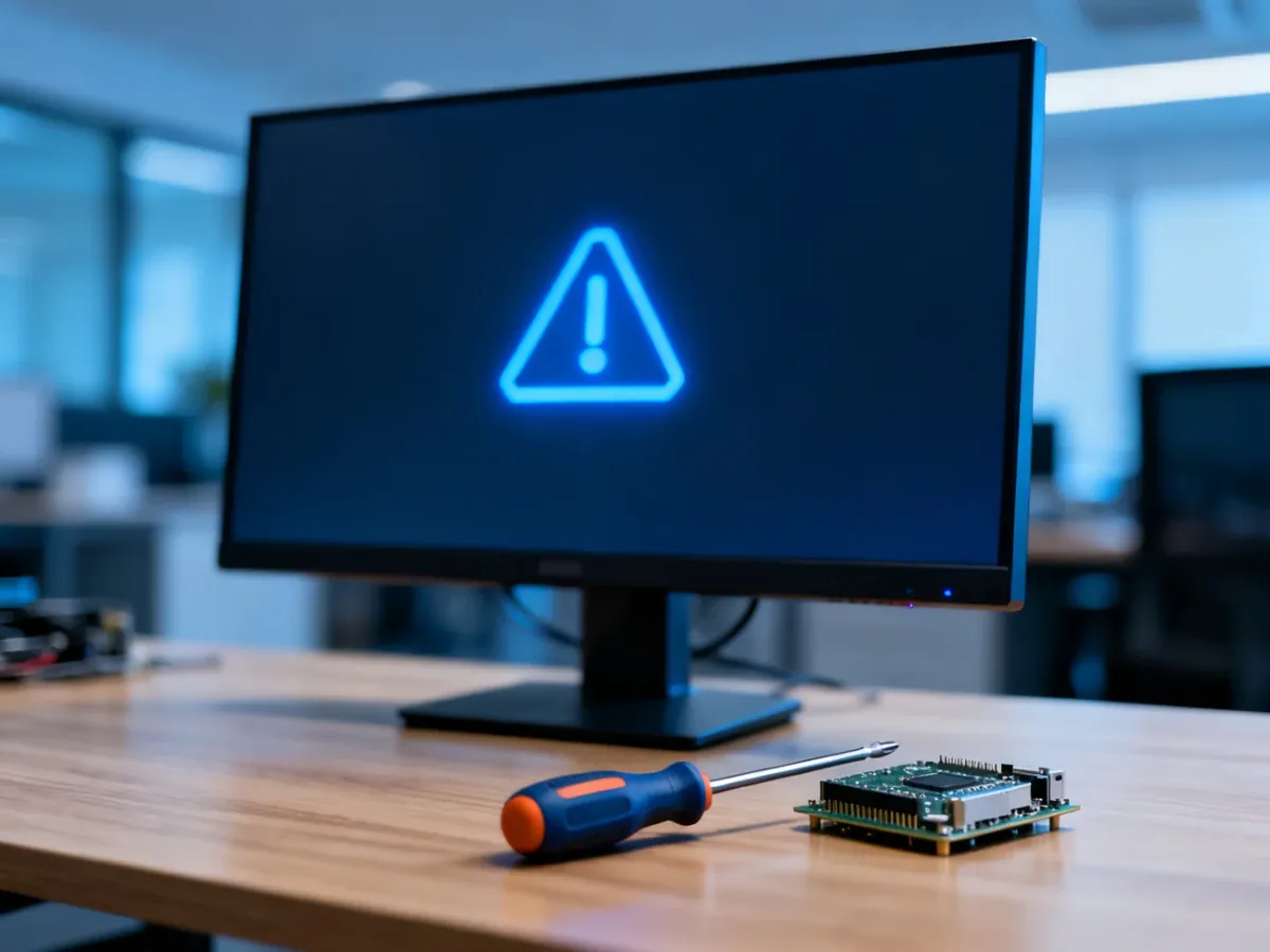 Monitor z błędem systemu na ciemnym tle oraz narzędzia serwisowe na biurku, symbolizujące naprawę komputera.