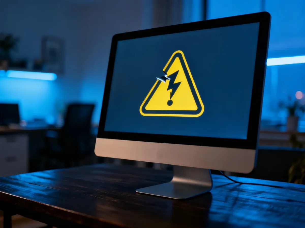 Ikona sieci z żółtym wykrzyknikiem na ekranie monitora, sygnalizująca problem z połączeniem internetowym.