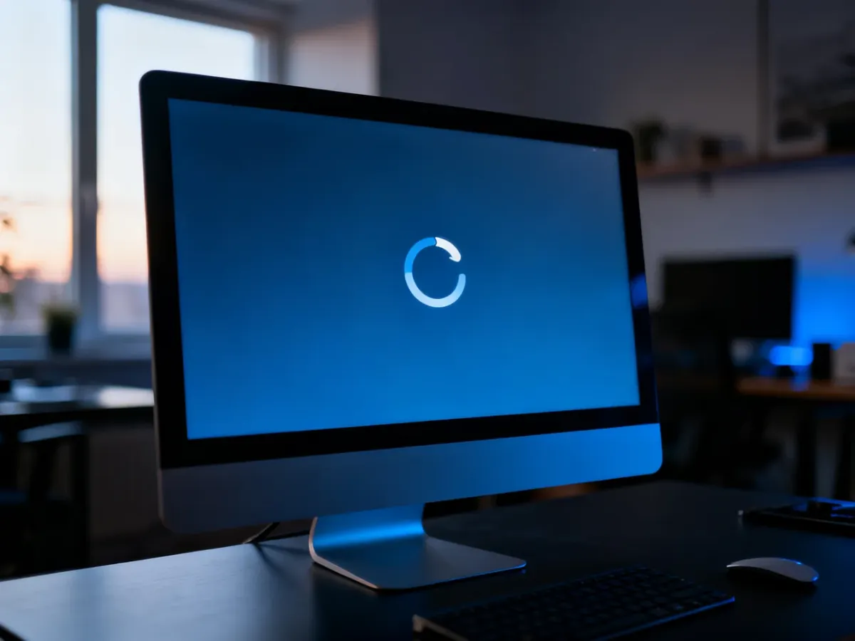 Zawieszony ekran komputera z ikoną ładowania, symbolizujący problem z działaniem Eksploratora plików w systemie Windows.