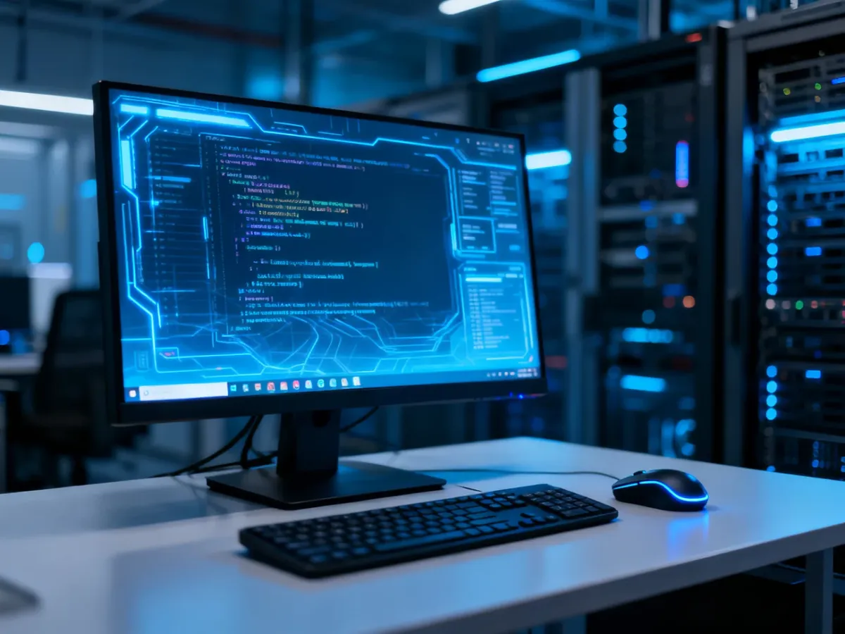 Nowoczesne stanowisko komputerowe z monitorem wyświetlającym kod systemowy, symbolizujące wymagania sprzętowe Windows 10.