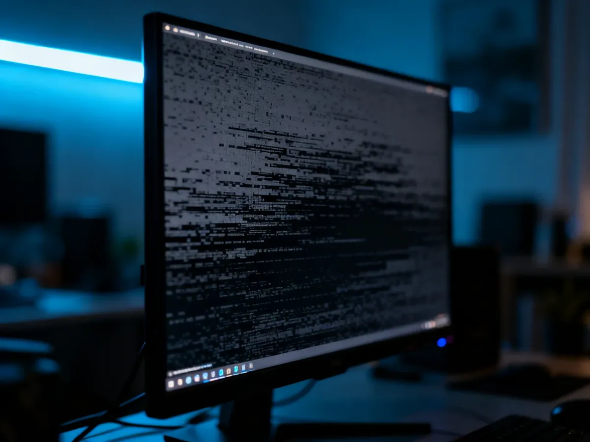 Monitor komputera z widocznym błędem systemu, objawiającym się czarnym i zniekształconym pulpitem w ciemnym biurze.