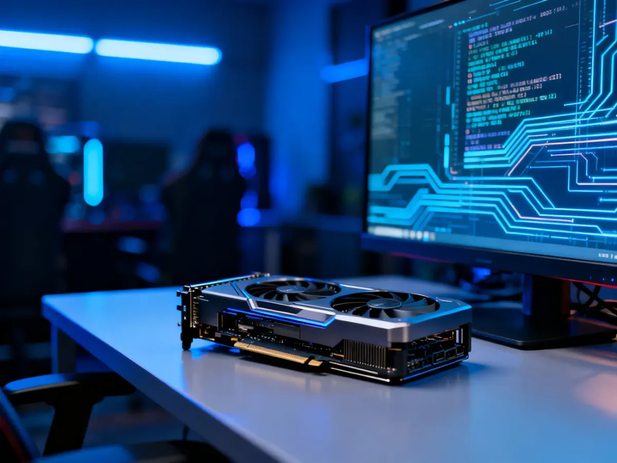 Nowoczesna karta graficzna na biurku obok monitora z kodem, podkreślająca proces instalacji sterowników Nvidia.