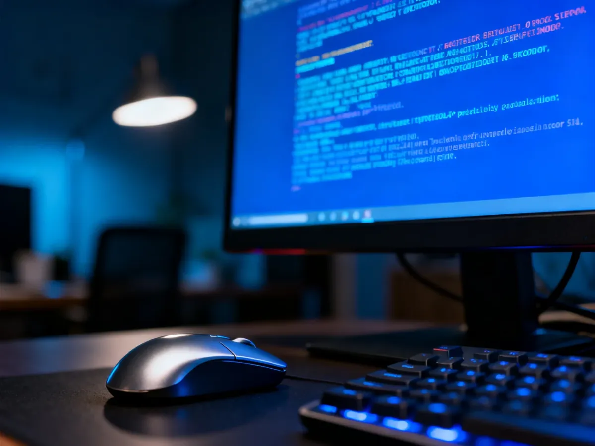 Ekran komputera z błędem systemu Windows na niebieskim tle, widoczny w domowym biurze.