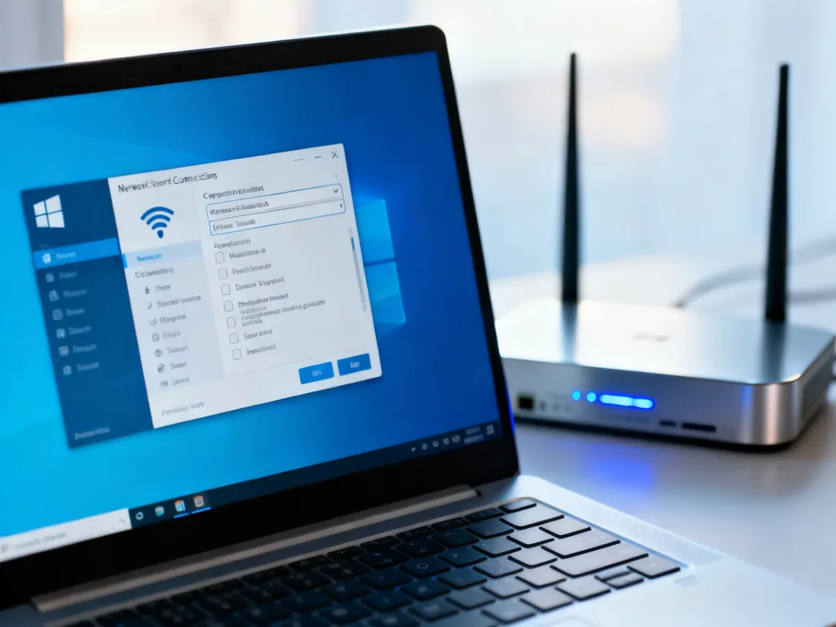 Ekran laptopa z otwartymi ustawieniami sieci bezprzewodowej w systemie Windows oraz router w tle.