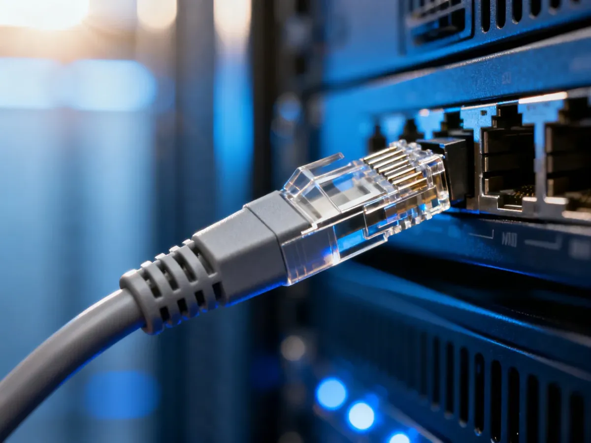 Wtyczka kabla Ethernet wkładana do portu komputera na tle profesjonalnej serwerowni.