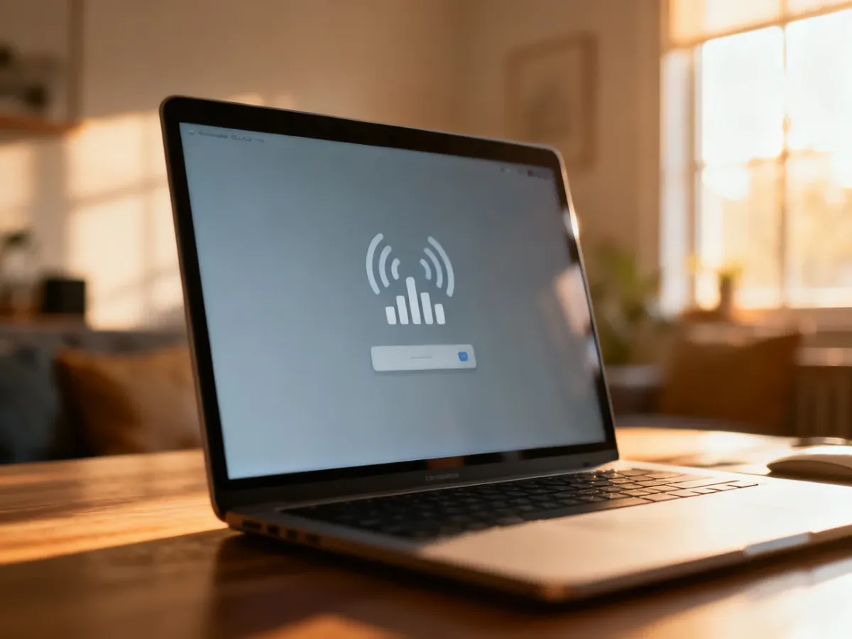 Ekran laptopa z otwartym panelem ustawień sieci Wi-Fi w przytulnym domowym biurze.