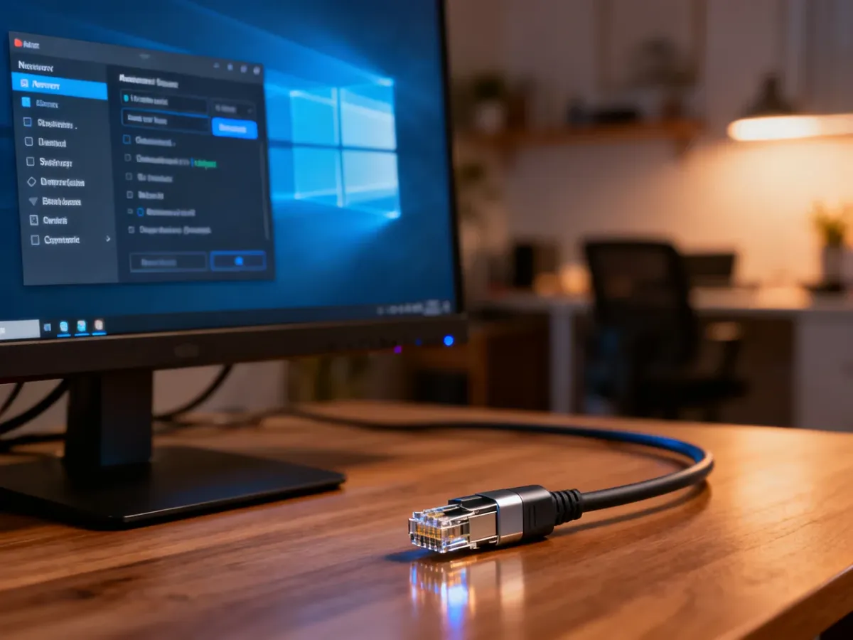 Monitor komputera z otwartym menu ustawień sieciowych Windows oraz kabel sieciowy na biurku.