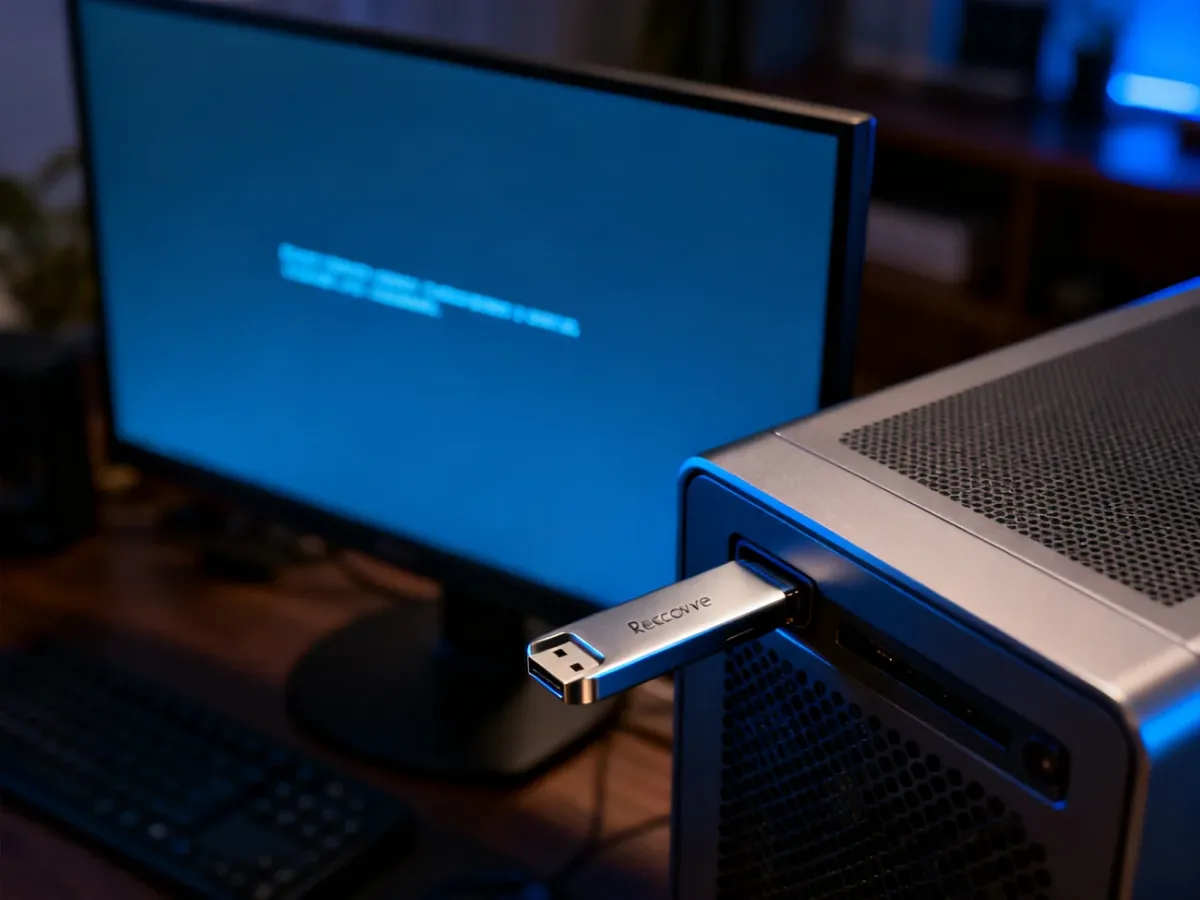 Monitor komputera z błędem systemu oraz pendrive z narzędziem do odzyskiwania danych podłączony do obudowy PC.