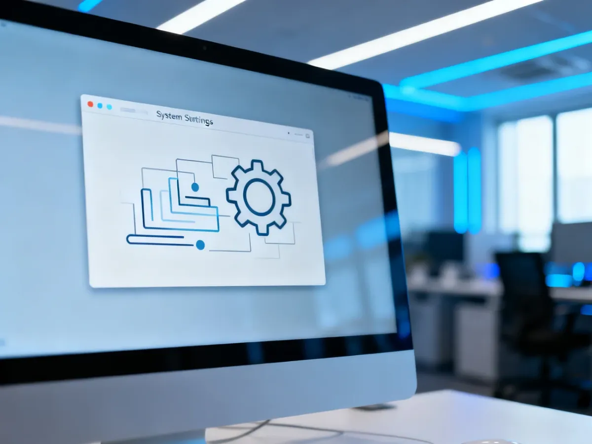 Ekran komputera z otwartym oknem ustawień systemu Windows w nowoczesnym biurze.