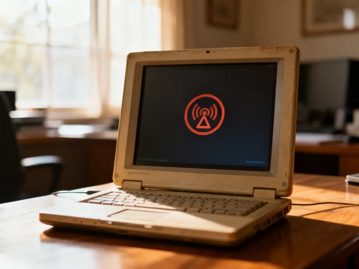 Starszy laptop z ikoną błędu sieci na ekranie, symbolizujący problemy z połączeniem Wi-Fi w systemie Windows 7.