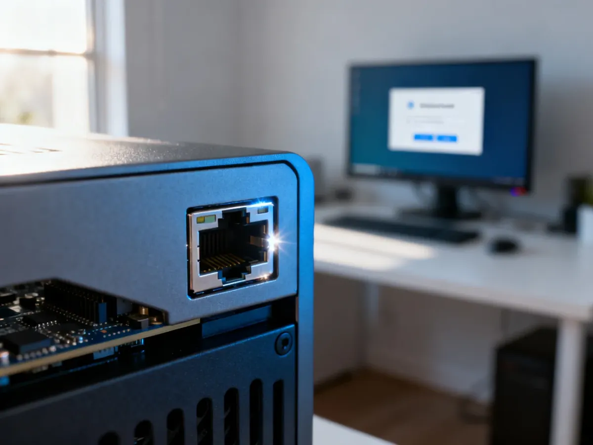 Zbliżenie na port Ethernet na płycie głównej komputera, symbolizujące połączenie sieciowe w kontekście instalacji sterowników.