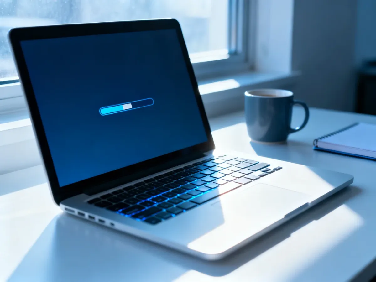 Nowoczesny laptop z paskiem postępu aktualizacji systemu na ekranie, ustawiony na minimalistycznym biurku.