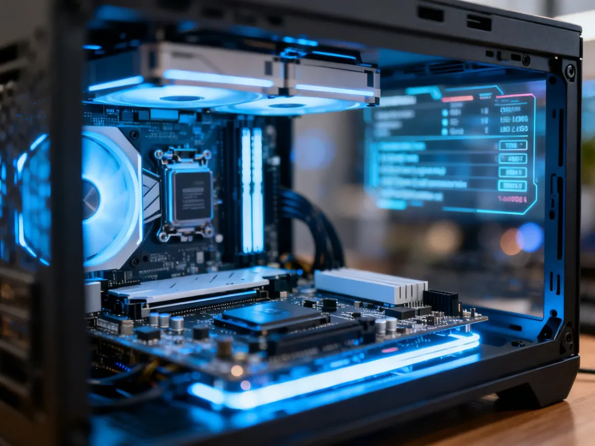 Wnętrze komputera z podświetloną płytą główną, symbolizujące zmiany w konfiguracji sprzętowej systemu Windows.