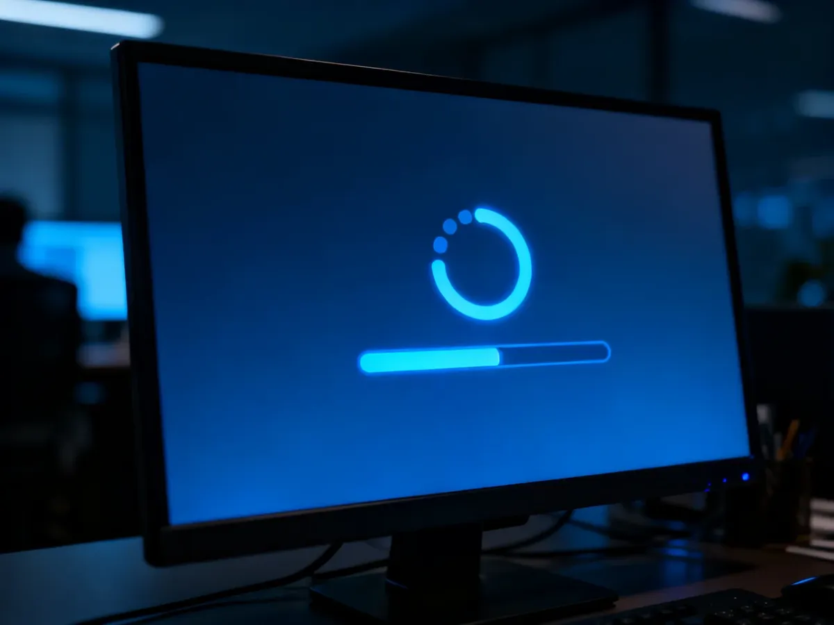 Ekran komputera z ikoną ładowania systemu podczas procesu przywracania ustawień fabrycznych w systemie Windows 10.