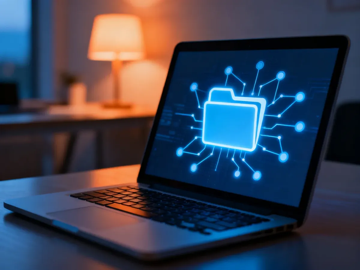 Ikona folderu sieciowego na ekranie laptopa, symbolizująca proces udostępniania plików w domowym biurze.