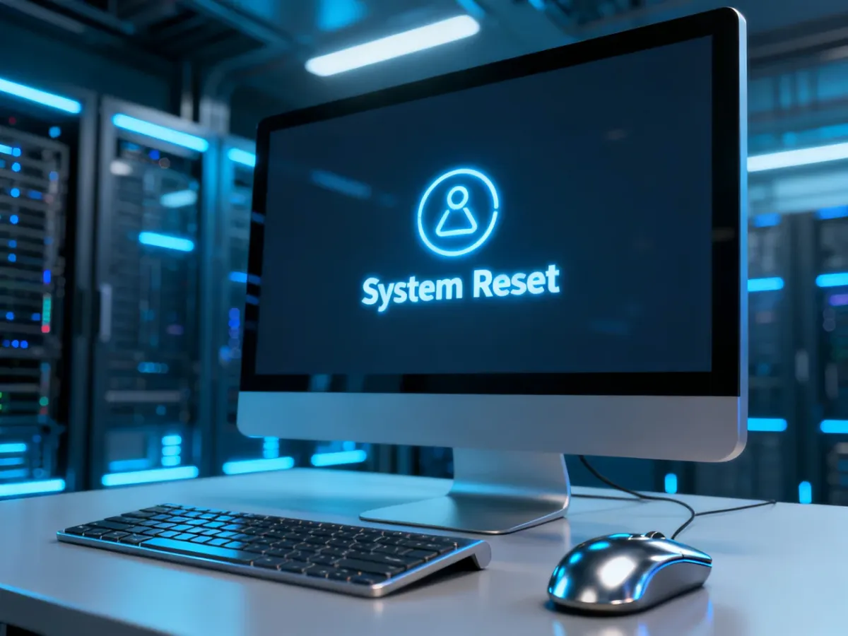 Monitor wyświetlający ikonę resetowania systemu w nowoczesnym, technologicznym otoczeniu.