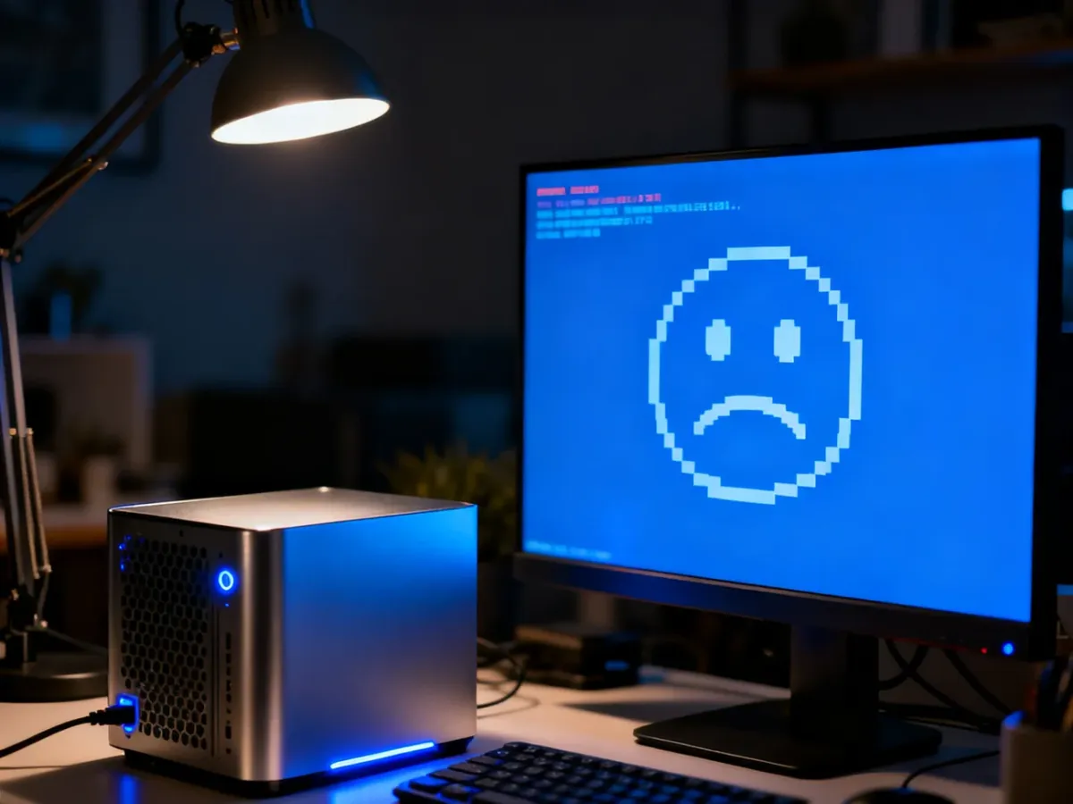 Niebieski ekran błędu systemu Windows na monitorze komputera w ciemnym biurze, sygnalizujący awarię systemu.