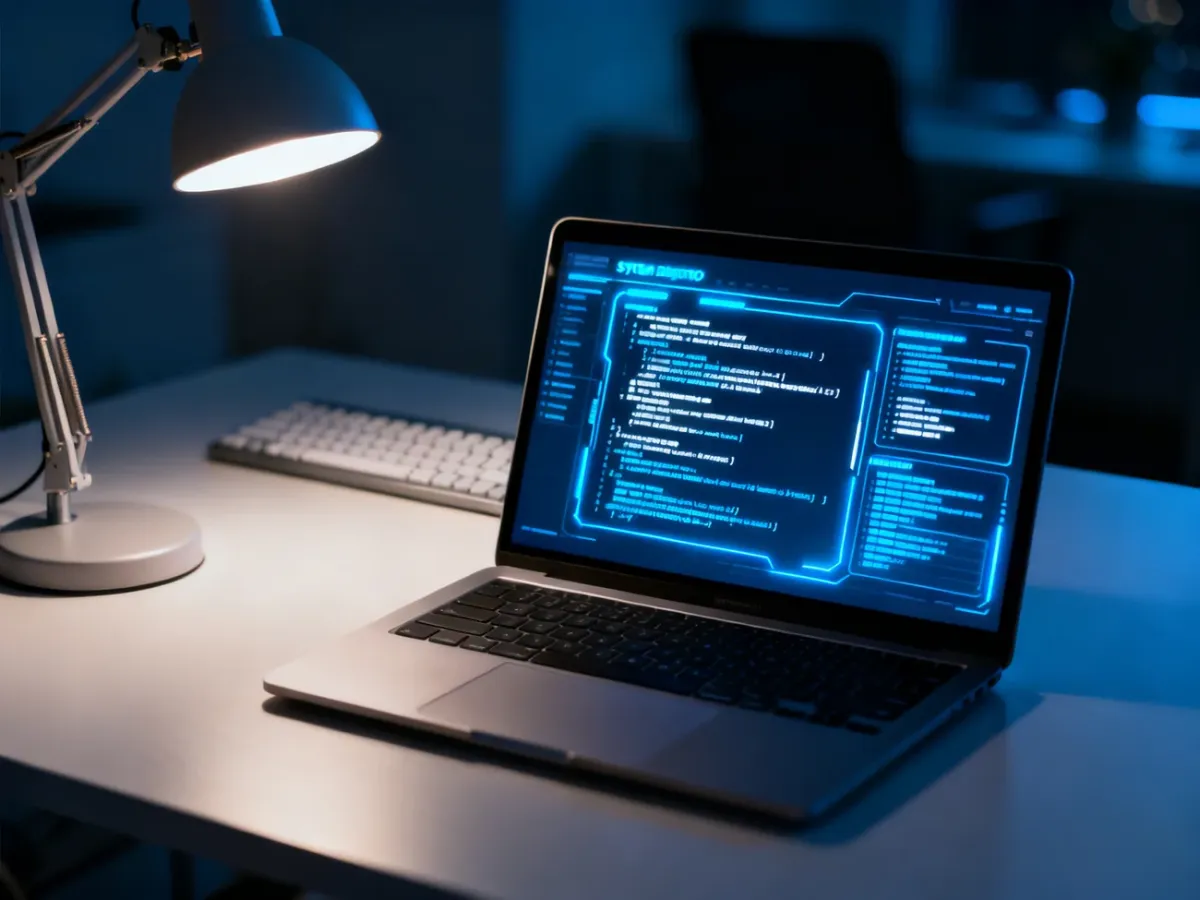 Ekran laptopa z wyświetlonym interfejsem diagnostycznym systemu w nowoczesnym biurze domowym.