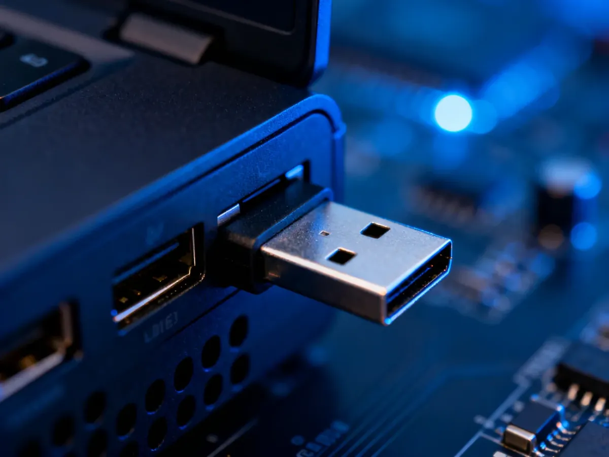 Pendrive wpięty do portu USB komputera w niebieskim oświetleniu, symbolizujący proces podłączania urządzenia.