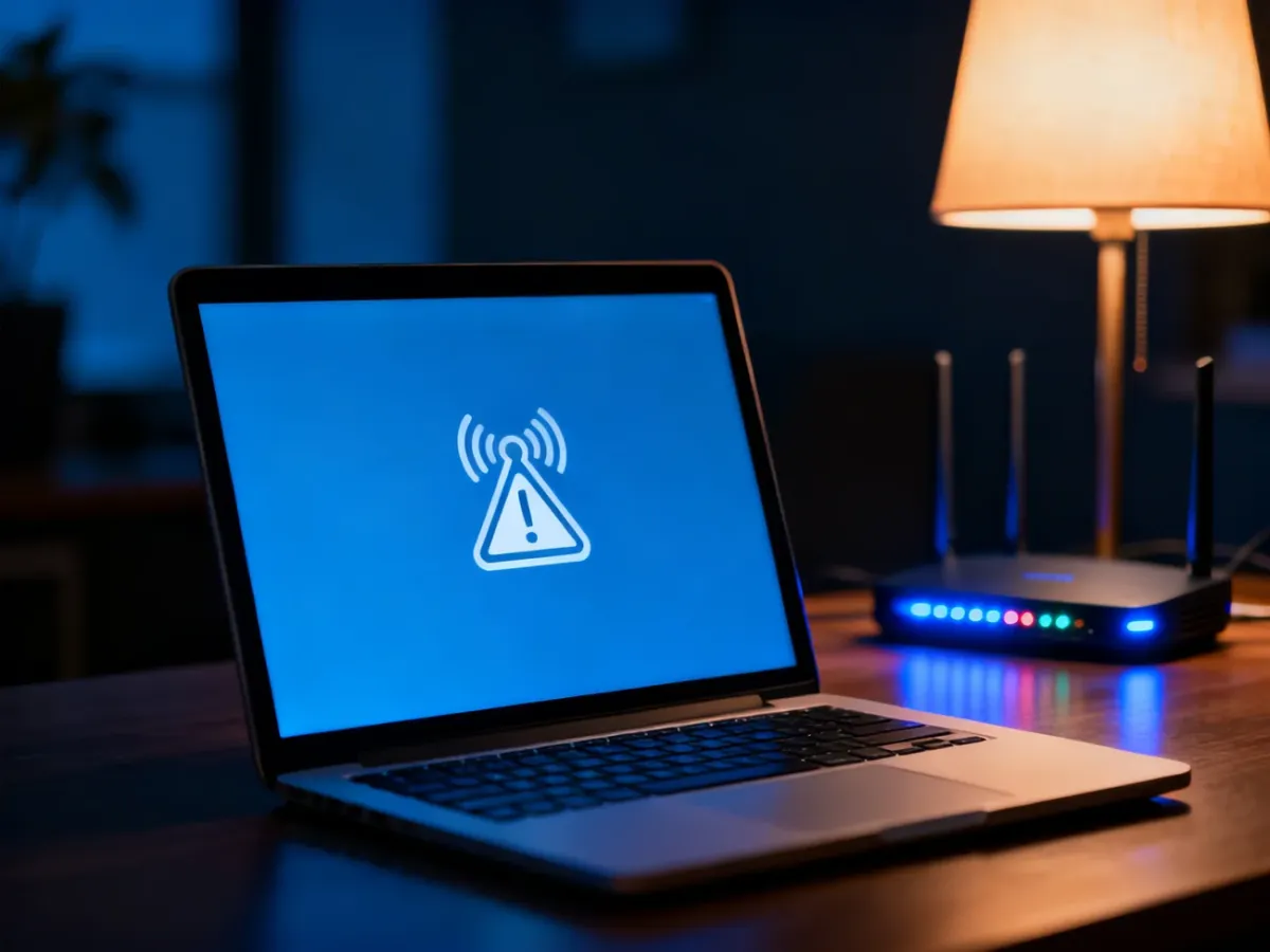 Ekran laptopa z ikoną błędu połączenia sieciowego w domowym biurze z routerem w tle.