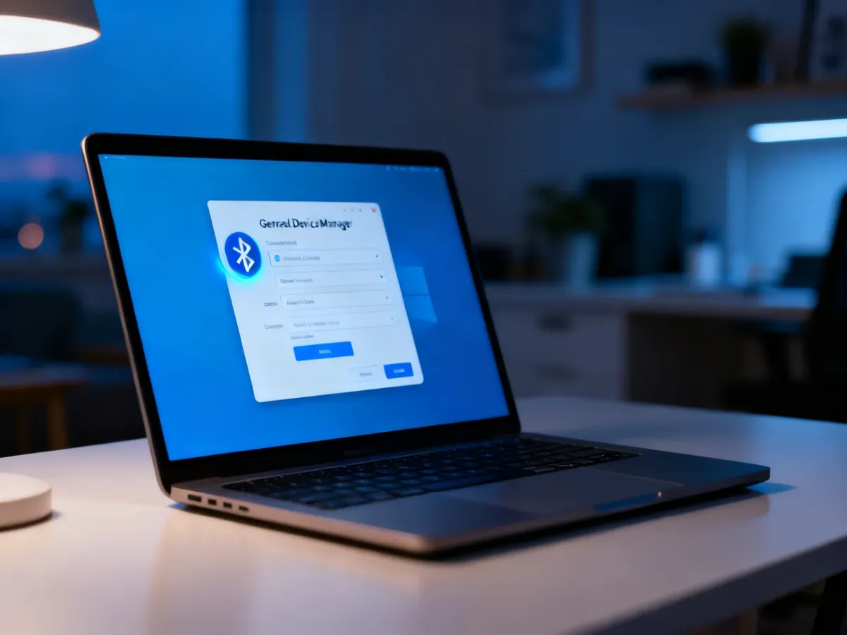 Ekran laptopa z otwartym menedżerem urządzeń i podświetloną ikoną Bluetooth w minimalistycznym biurze.