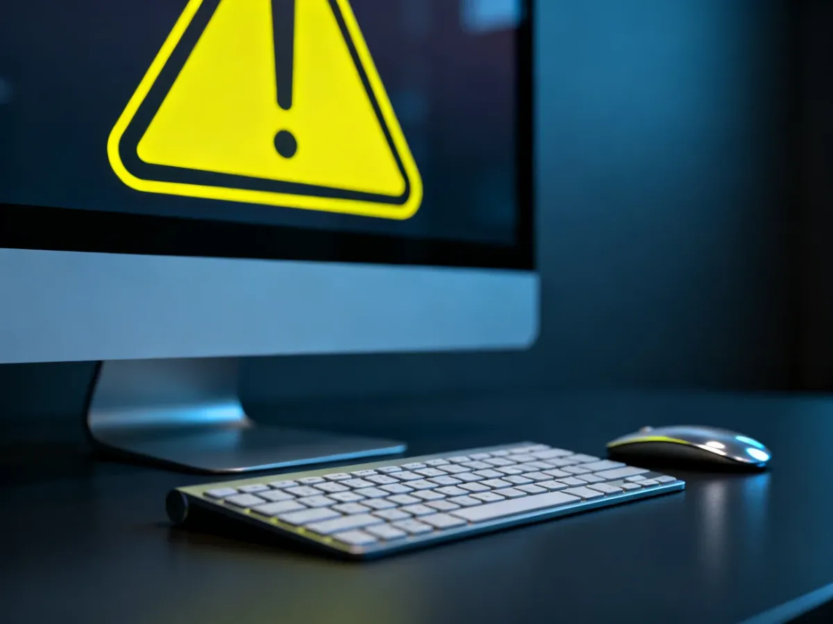 Ikona błędu systemowego na monitorze komputera oraz klawiatura i mysz na biurku, ilustrujące problem z uruchomieniem aplikacji.