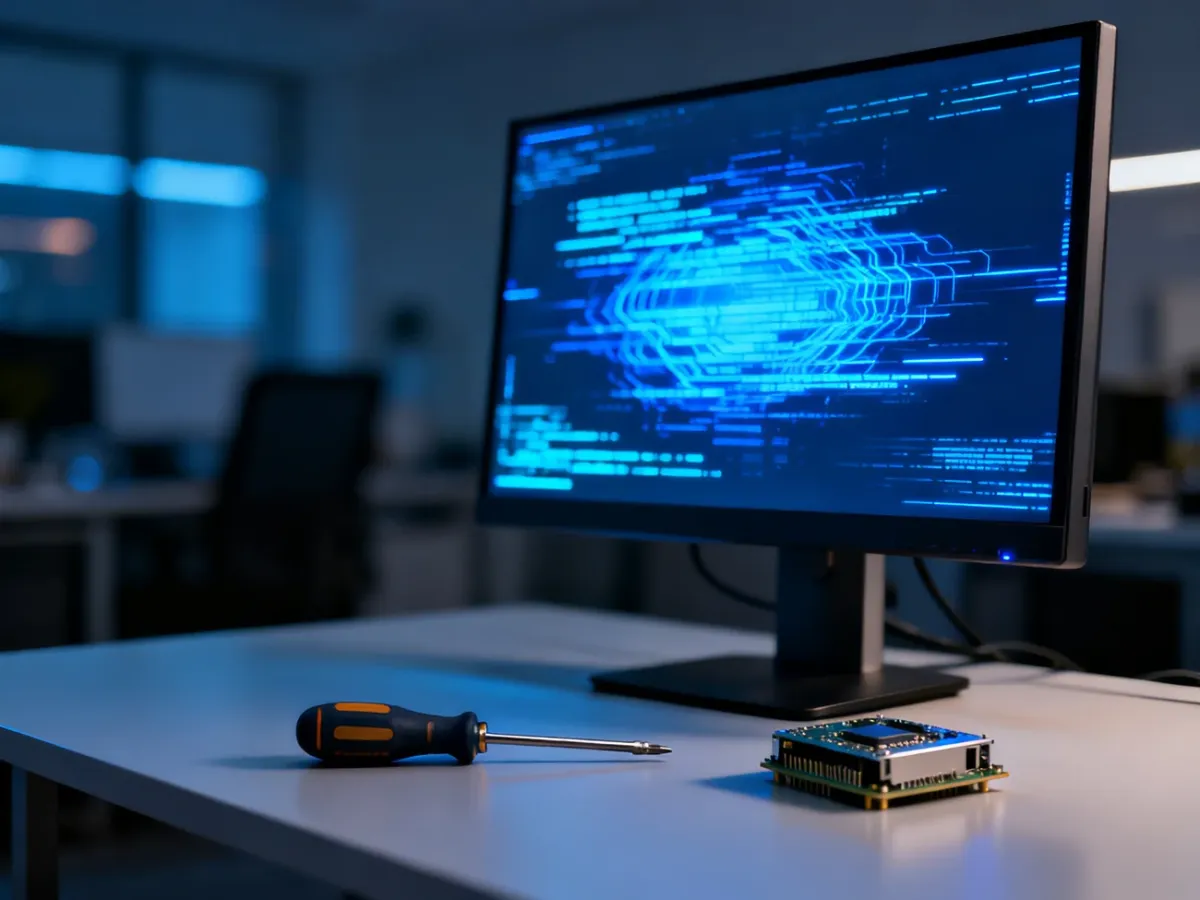 Monitor z błędem systemu Windows oraz narzędzia serwisowe na biurku, symbolizujące proces naprawy awarii komputera.