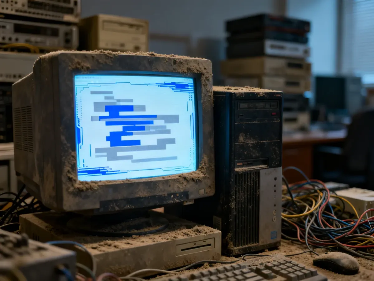 Zacinający się monitor wyświetlający błędy systemowe na tle starego, zakurzonego sprzętu komputerowego.