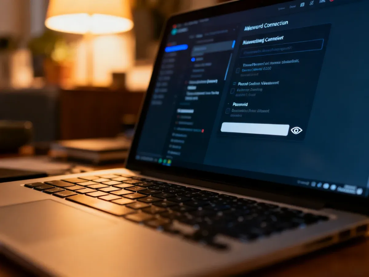 Ekran laptopa z otwartymi ustawieniami sieci Wi-Fi i widocznym polem hasła w przytulnym domowym biurze.
