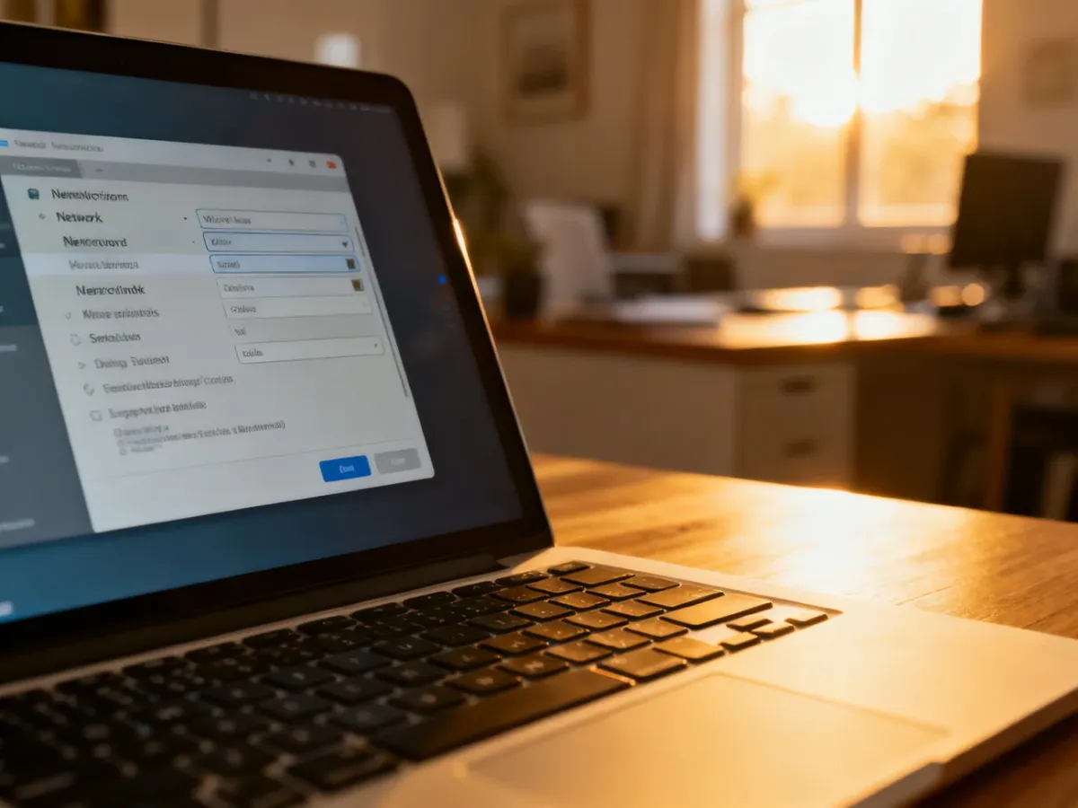 Ekran laptopa z otwartymi ustawieniami sieciowymi na drewnianym biurku w domowym biurze.