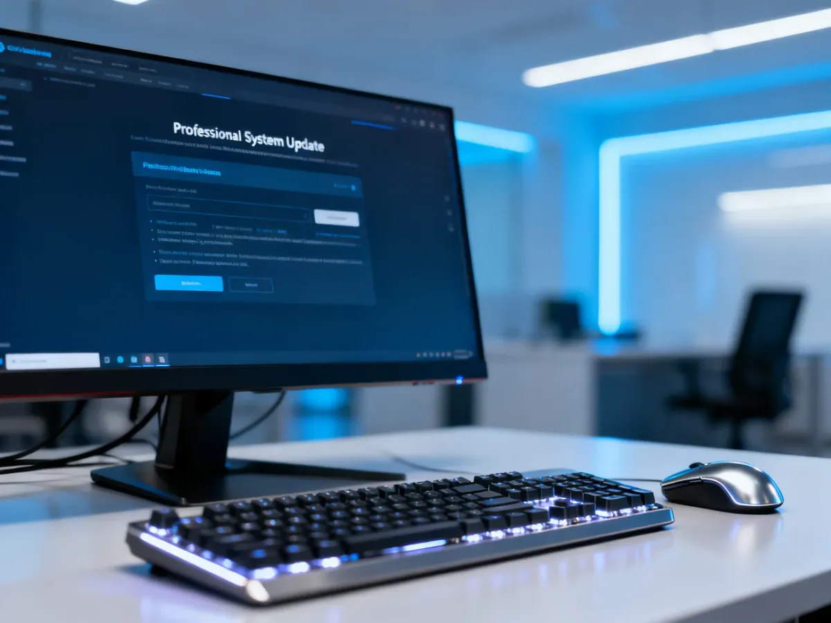 Nowoczesne stanowisko komputerowe z monitorem wyświetlającym interfejs aktualizacji systemu Windows 11.