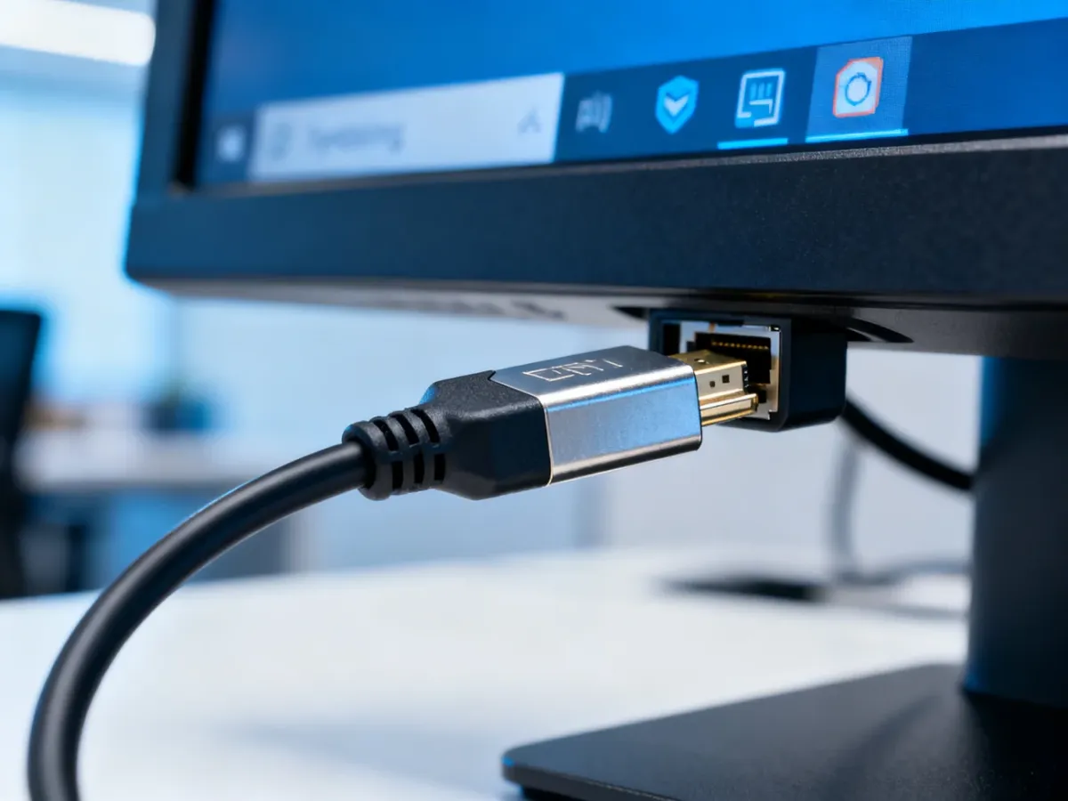 Kabel HDMI podłączony do portu w komputerze, w tle widoczne ustawienia systemowe i menedżer urządzeń Windows.