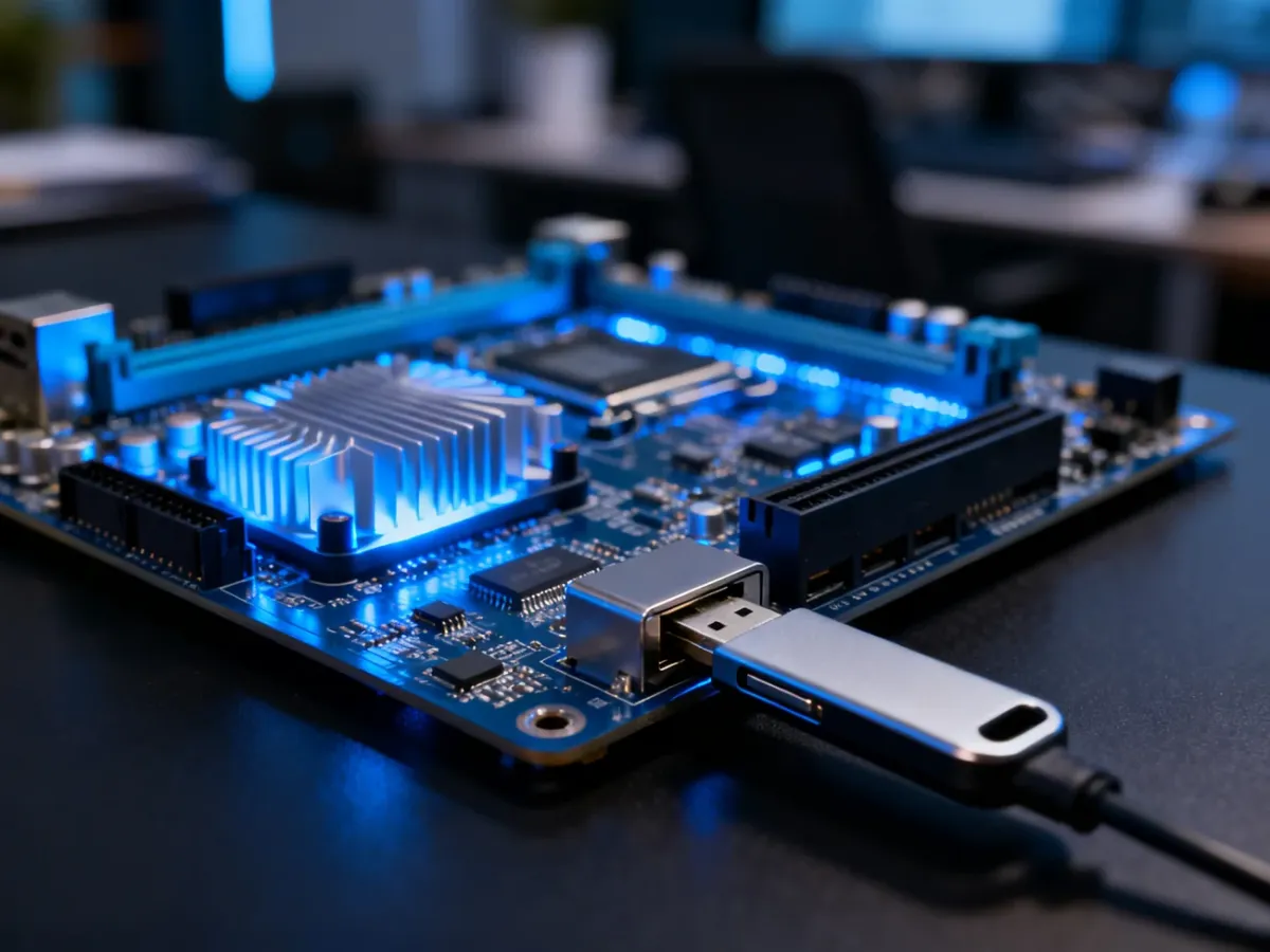 Płyta główna komputera z wpiętą pamięcią USB, symbolizująca proces instalacji sterowników w systemie Windows 11.