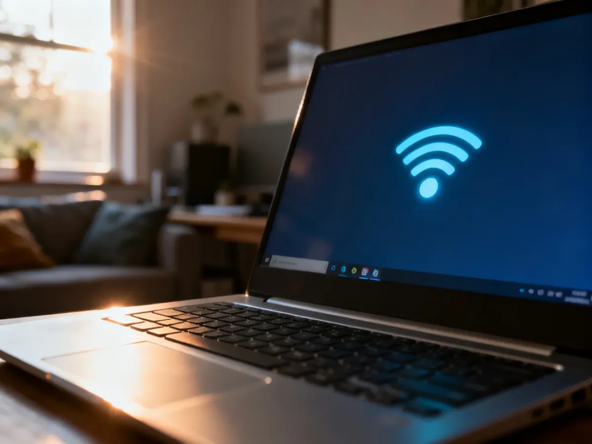 Ikona sieci Wi-Fi na pasku zadań laptopa w przytulnym domowym biurze, sygnalizująca aktywne połączenie z internetem.