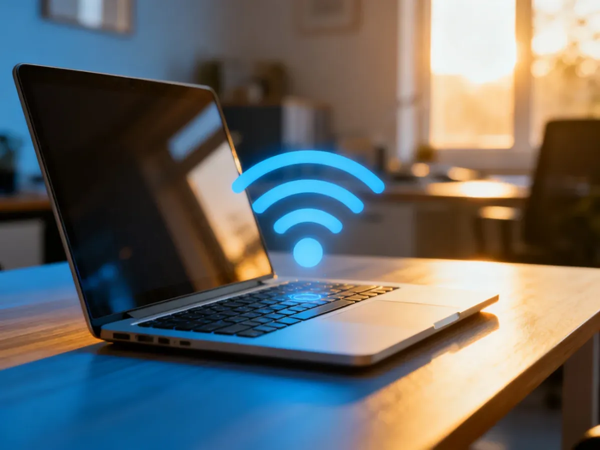 Nowoczesny laptop na biurku z ikoną sygnału bezprzewodowego, symbolizującą udostępnianie połączenia internetowego.