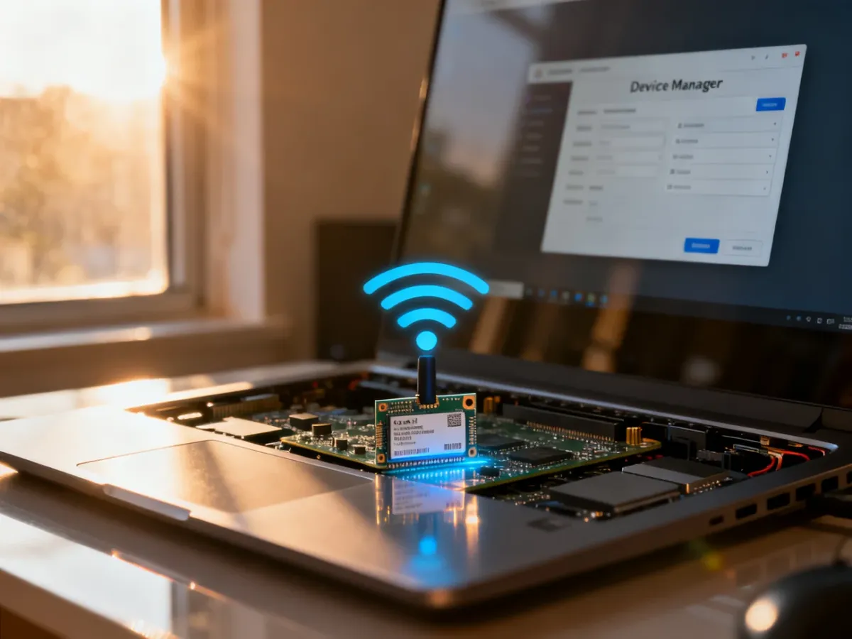 Zbliżenie na kartę sieciową wewnątrz laptopa oraz menedżer urządzeń na ekranie monitora w tle.