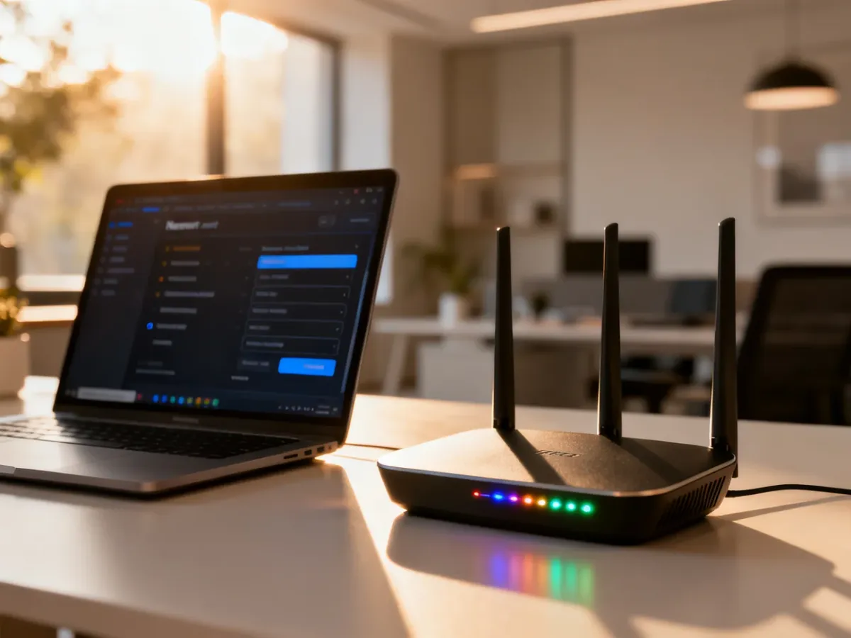 Nowoczesny router z podświetleniem LED na biurku obok laptopa z otwartymi ustawieniami sieci bezprzewodowej.