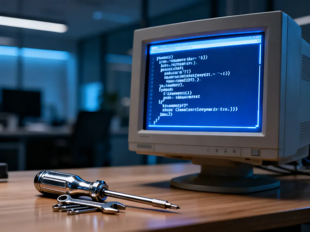 Narzędzia serwisowe obok monitora z wierszem poleceń, ilustrujące proces naprawy systemu Windows 7.