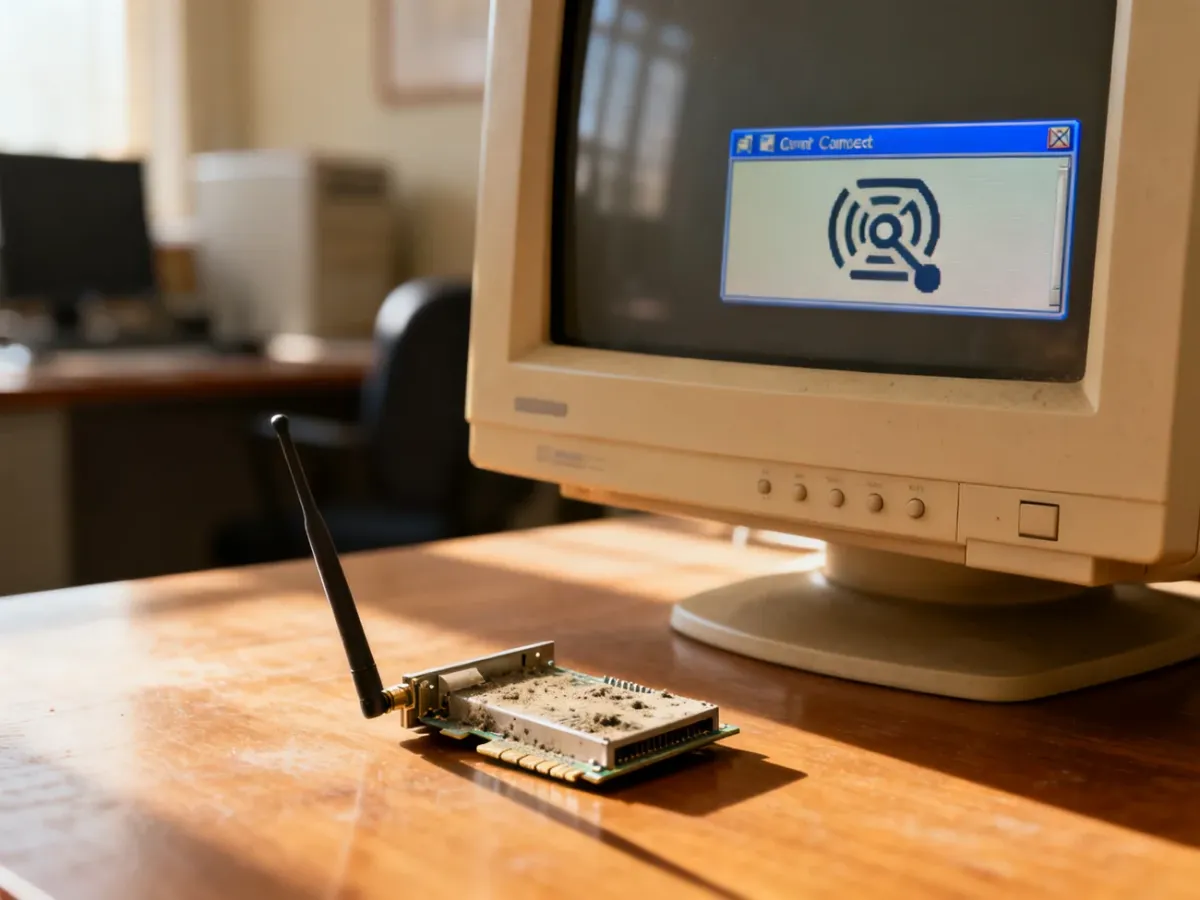 Stary monitor z ikoną sieci oraz karta sieciowa Wi-Fi na biurku, nawiązujące do konfiguracji połączenia w Windows XP.