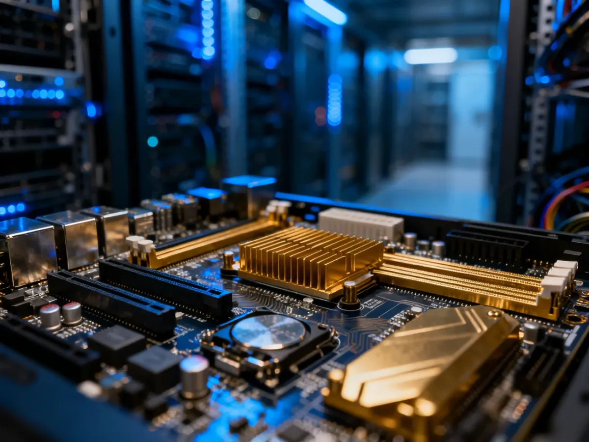 Zbliżenie na wnętrze nowoczesnej płyty głównej komputera z widocznymi układami elektronicznymi i niebieskim podświetleniem.