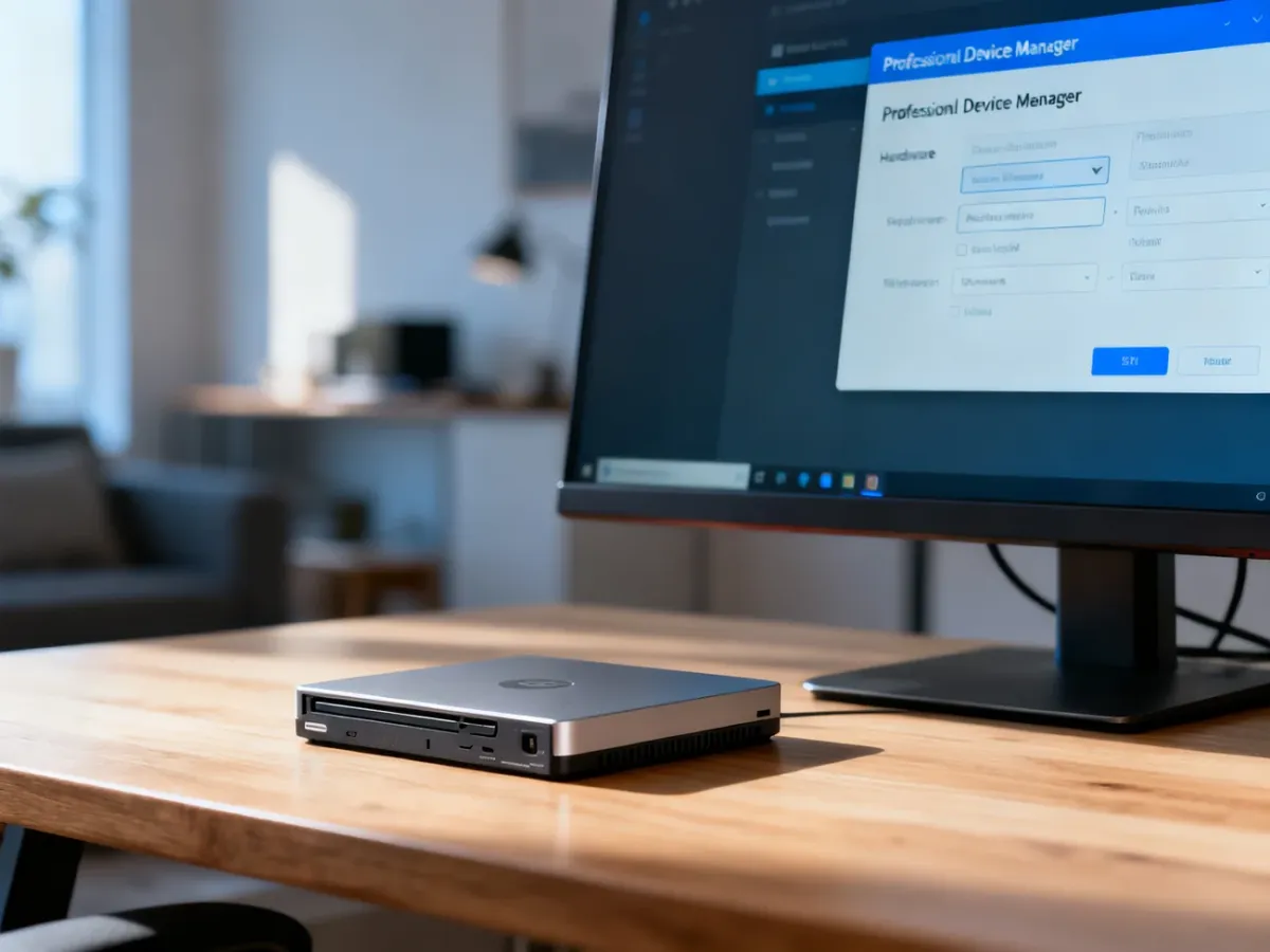 Zewnętrzny napęd DVD na biurku obok monitora z otwartym menedżerem urządzeń systemu Windows 10.