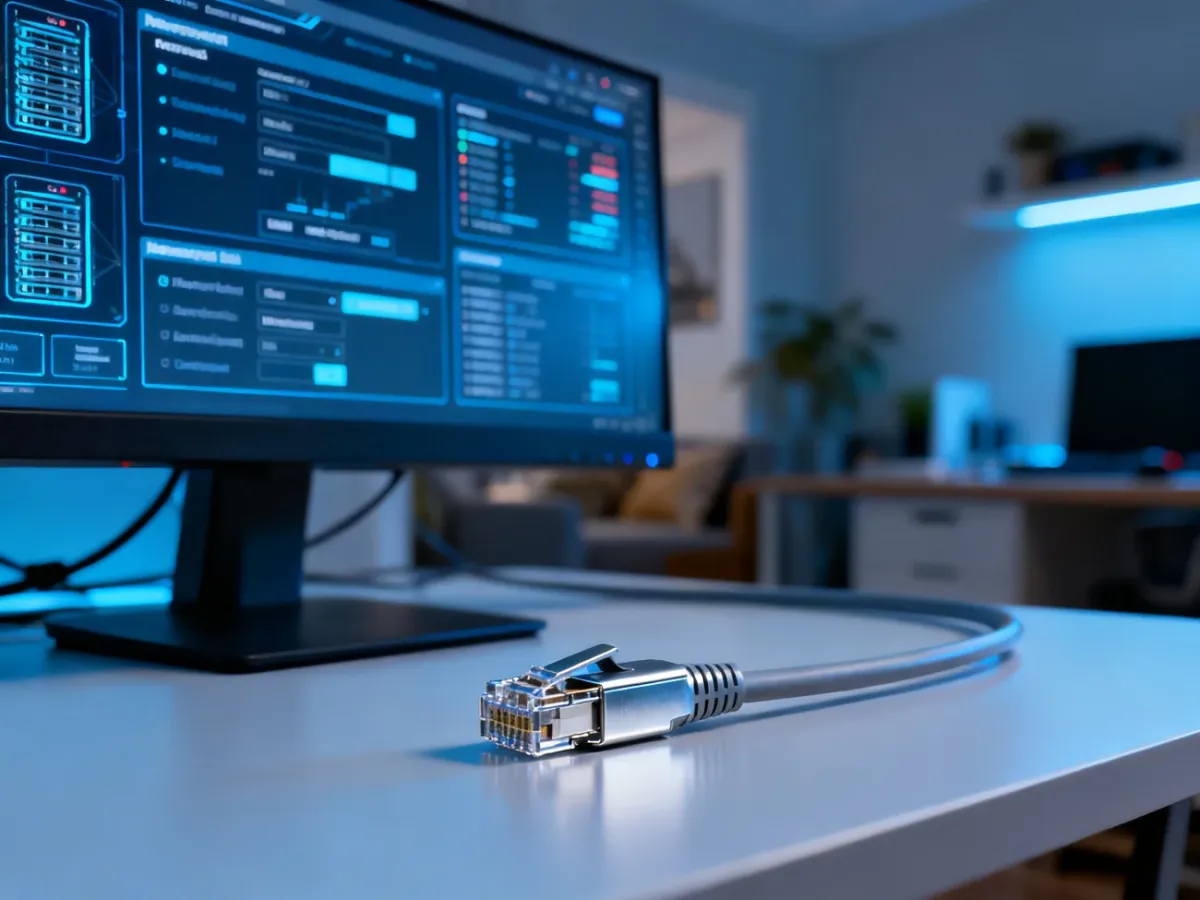 Ekran komputera z otwartymi zaawansowanymi ustawieniami sieciowymi oraz kabel Ethernet na biurku.