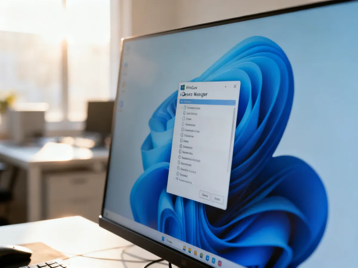 Ekran komputera z otwartym oknem Menedżera urządzeń w systemie Windows 11 na tle jasnego biura.
