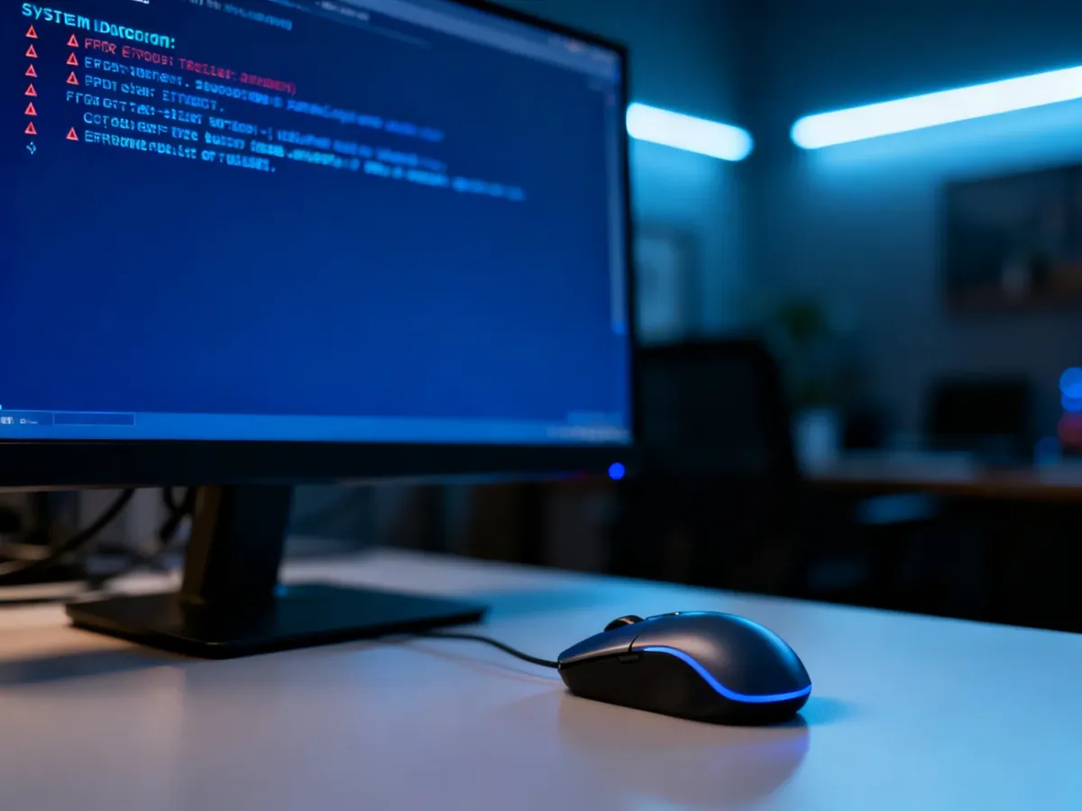 Monitor komputera z niebieskim ekranem diagnostycznym systemu w zaciemnionym biurze, ilustrujący awarię systemu Windows.
